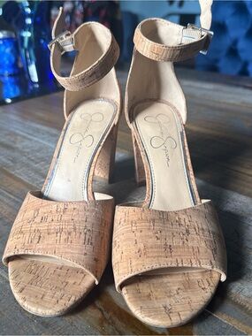 Jessica Simpson Cork Ankle-Strap Block Heels in Tan